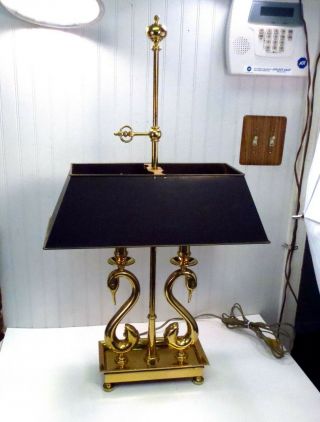 Vintage Hollywood Regency Chapman Brass 2 Swan Bouillotte Table Lamp Tole Shade