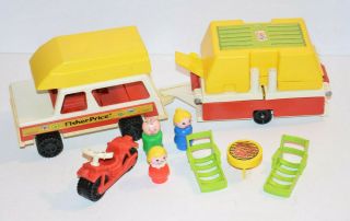 Vintage Fisher Price Little People 992 Pop - Up Camper W/ Jeep Motorcycle Boat