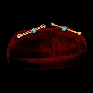 Antique Vintage Nouveau 14k Rose Gold Cabochon Persian Turquoise Lapel Pin Set