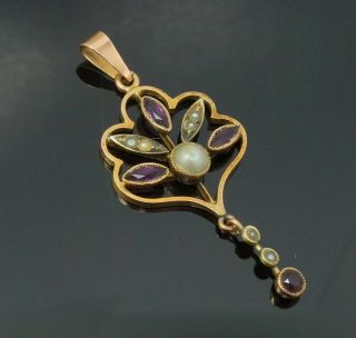Antique Art Nouveau Solid Rose Gold Seed Pearl Amethyst Lavalier Pendant