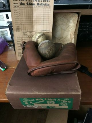 Rare And Vintage Antique Trusport G - 7 Baseball Leather Glove W/box & 2 Balls