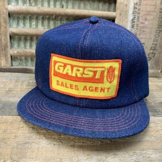 Vintage Garst All Denim Snapback Trucker Hat Cap Patch K Products Made In Usa