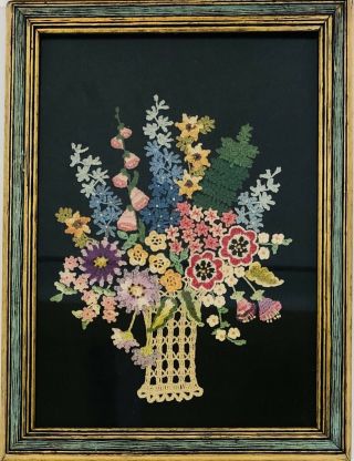 Vintage Hand Crocheted Picture Floral Bouquet In Vase On Velvet 12” X 17” Framed