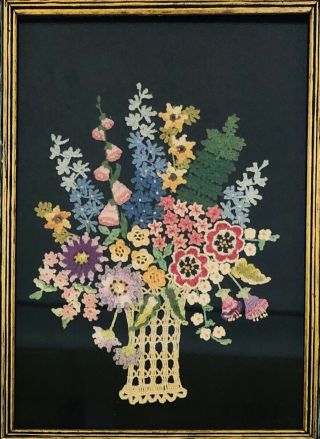 Vintage Hand Crocheted Picture Floral Bouquet in Vase on Velvet 12” x 17” Framed 2