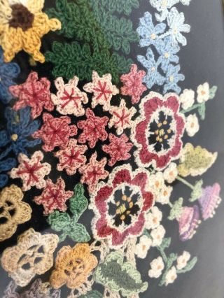 Vintage Hand Crocheted Picture Floral Bouquet in Vase on Velvet 12” x 17” Framed 3