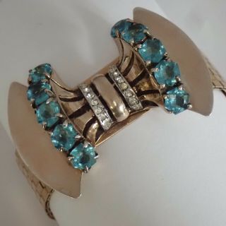 Vintage Retro Art Deco Gold Filled Aqua Crystal Rhinestone Bow Bracelet