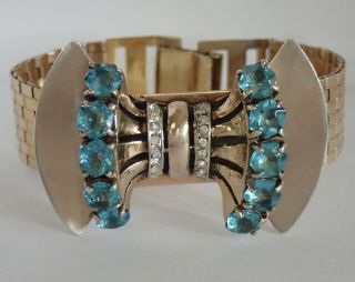 VINTAGE RETRO ART DECO GOLD FILLED AQUA CRYSTAL RHINESTONE BOW BRACELET 2