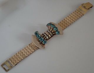 VINTAGE RETRO ART DECO GOLD FILLED AQUA CRYSTAL RHINESTONE BOW BRACELET 3