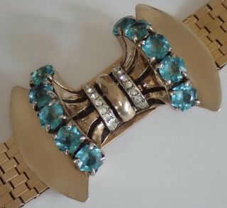 VINTAGE RETRO ART DECO GOLD FILLED AQUA CRYSTAL RHINESTONE BOW BRACELET 5