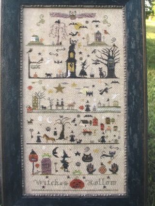 Rare Primitive Needle Witches Hollow Oop Chart Pattern Halloween W Linen