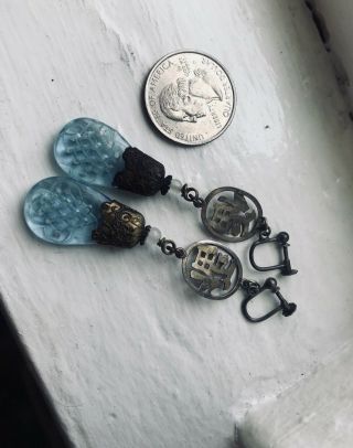 Antique Estate sterling chinese peking blue glass drop and brass earrings 1910 3