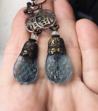 Antique Estate sterling chinese peking blue glass drop and brass earrings 1910 5