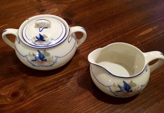 Vintage W.  S.  George - Derwood Blue Bird Sugar Bowl And Creamer