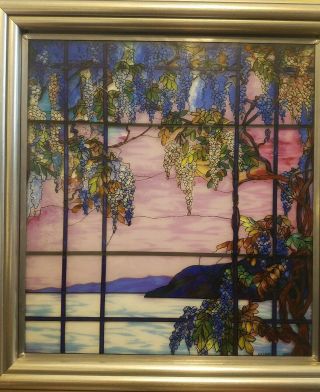 Vintage Mma Tiffany Style Painted Glass Window Panel View Of Oyster Bay Framed
