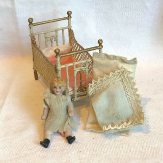 Antique German Miniature Dollhouse Metal Baby Bed/crib & Bisque Doll