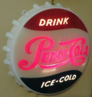 Pepsi Cola Lighted Bottle Cap Design Advertising Store Fountain Sign Rare 1950s