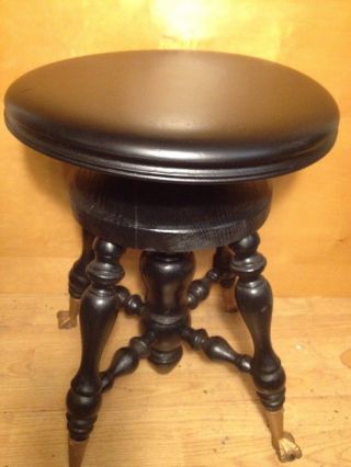 Vintage Piano Stool Swivel Black With Glass Ball Feet 14 - 1/2x20 Inch T