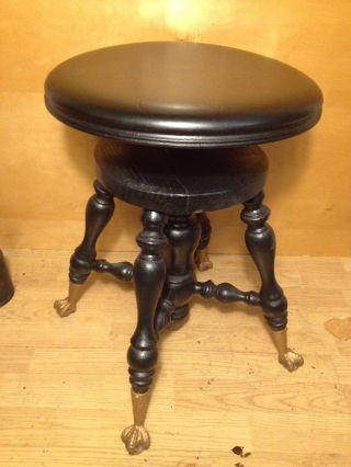 Vintage Piano Stool Swivel Black With Glass Ball Feet 14 - 1/2x20 Inch T 3