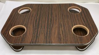 Vintage Table Top W/ 4 Cup Holders Wood Grain/chome Finish For Rv Or Boat/marine