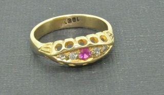 18ct Gold Ruby & Diamond Victorian Boat Shaped Ring Size J 1/2