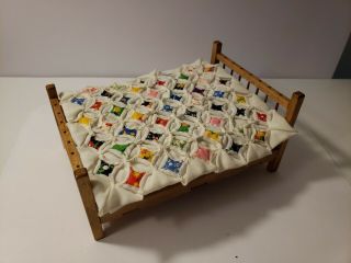 Miniature Artisan Signed John Adams Colonial Bed W Hand Stitched Quilt