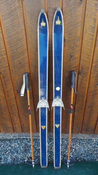 Vintage Wooden 52 " Long Skis Navy Blue Finish And Bamboo Poles