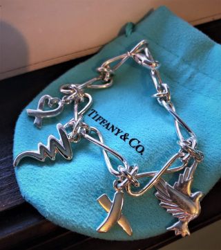 Vintage Tiffany & Co.  Paloma Picasso 4 Charm Bracelet Dove Heart Kiss Scribble