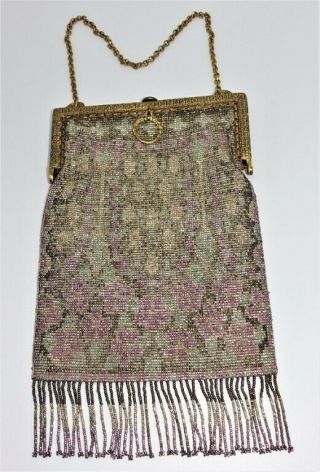 1910s Beaded Purse Purple Green Lin.  Edwardian French Cut Steel Antique Handbag