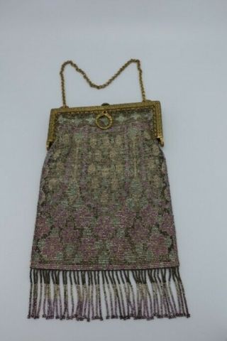 1910s Beaded Purse PURPLE Green lin.  Edwardian FRENCH CUT STEEL Antique Handbag 2