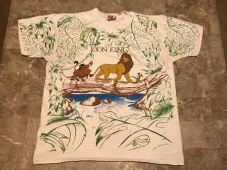 Vintage 90s Disney The Lion King Movie All Over Print Worn T - Shirt Adult Size L