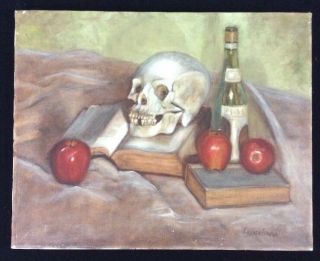 Vintage Skull & Apple Still Life Art Painting On Canvas Signed L.  Wesolowski