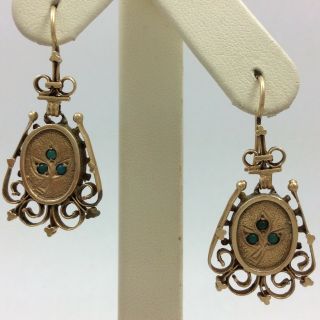 14k Yellow Gold Vintage Drop Dangle Earrings Emerald