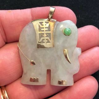 Vintage 14k Yellow Gold Green Jade Large Elephant Pendant 16 Grams 1.  5” Long
