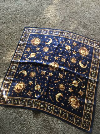 Vintage Gianni Versace 100 Silk Scarf Zodiac Sun Moon Stars Dark Blue Gold