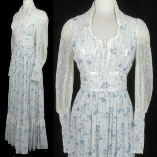 Vtg 70s Gunne Sax Gauzy Rose Floral Corset Juliet Victorian Boho Prairie Dress M