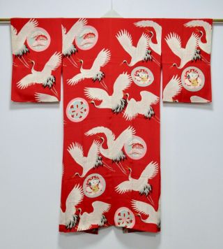 Japanese Kimono Silk Antique Juban / Crane / Red / Vintage Silk Fabric /396