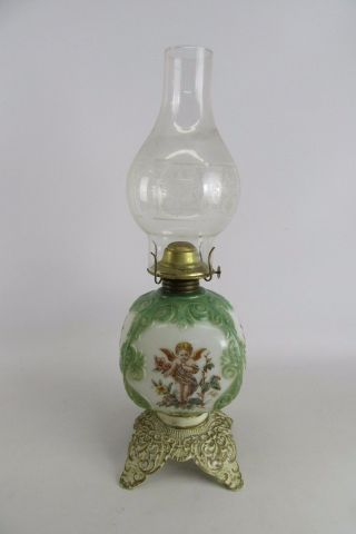 Vintage Cast Iron Milk Glass Painted Oil Lamp