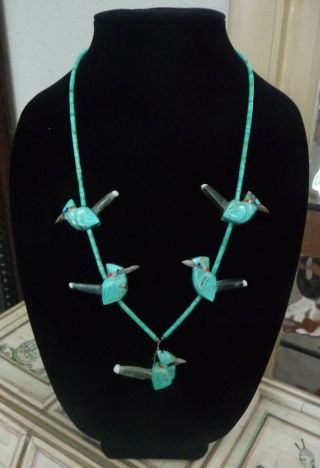 Vintage Santo Domingo Pueblo Turquoise Heishi And Birds Fetish Necklace