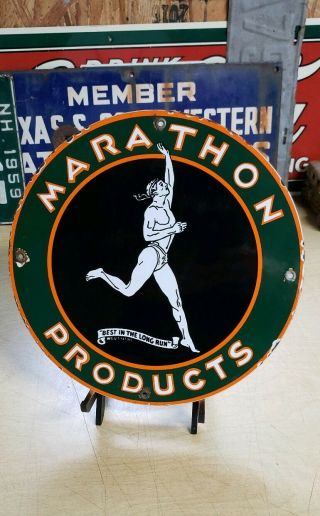 Marathon Gasoline Porcelain Sign Vintage Gas Pump Plate Running Indian Brand