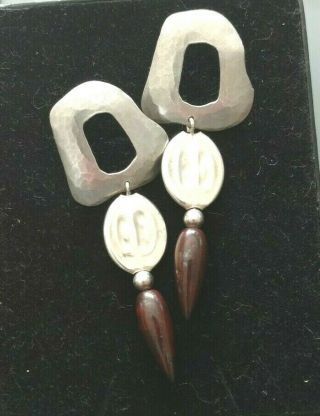 Vintage Roz Balkin Modernist Hammered Silver 3” Pierced Earrings W/stone Drop