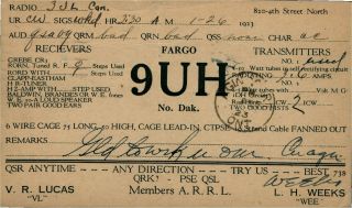 9uh L.  H.  Weeks Fargo,  North Dakota 1923 Vintage Ham Radio Qsl Card