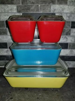 Vintage Pyrex Primary Colors Refrigerator Dish Set With Lids Yellow Red Blue