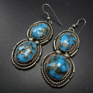 Vintage Navajo Sterling Silver Blue Morenci Turquoise Earrings Pyrite Inclusions