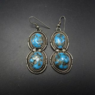 Vintage NAVAJO Sterling Silver BLUE MORENCI TURQUOISE EARRINGS Pyrite Inclusions 2