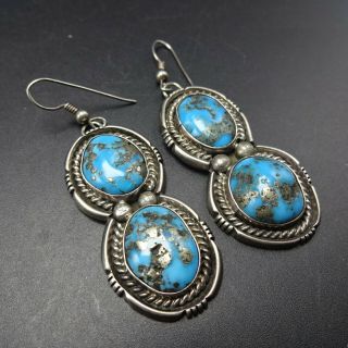 Vintage NAVAJO Sterling Silver BLUE MORENCI TURQUOISE EARRINGS Pyrite Inclusions 4