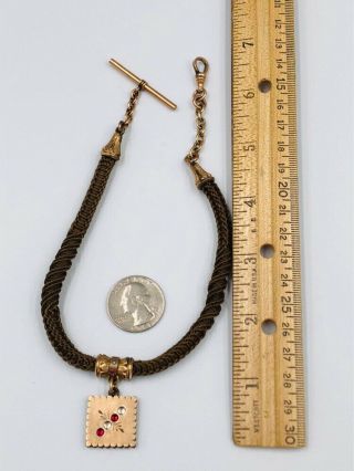 Antique Victorian Mourning Woven Hair & Jeweled Fob Gold Filled T Bar & Clip 5