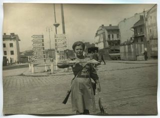 Wwii Large Size Photo: Russian Army Female Traffic Controller,  Lviv Ukraine 1944