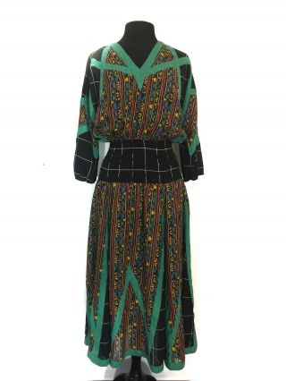Diane Freis Womens Vintage Mid Calf Dress Size L/xl Black Green Long Sleeve