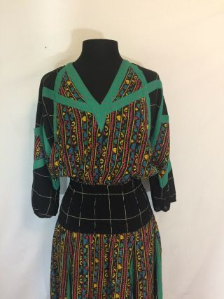 Diane Freis Womens Vintage Mid Calf Dress Size L/XL Black Green Long Sleeve 2