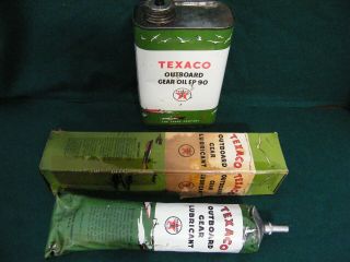 Vintage Rare Texaco Gear Oil Outboard Boat Motor Can Empty & Grease Tube Ful